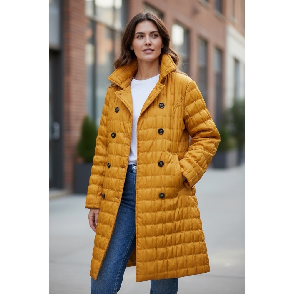 UBU Women's Yellow Puffer Coat Size M Button Front Lined Pockets